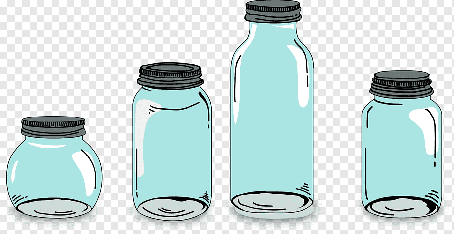 Four illustrated glass jars in varying sizes with black screw-on lids, arranged left to right on transparent background.