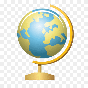 Illustrated globe on a golden stand with blue oceans and yellow continents, transparent background.