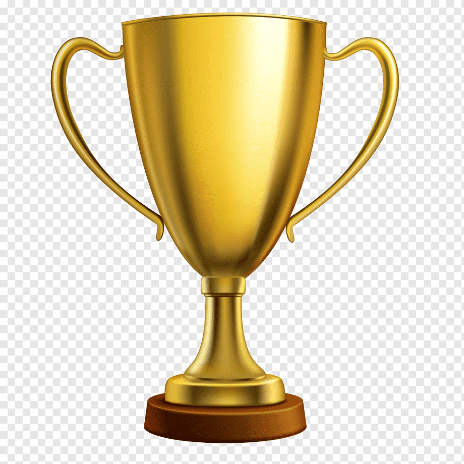 Golden trophy cup with two handles and wooden base on transparent background.