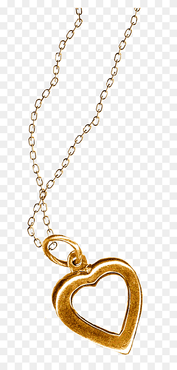 Gold heart-shaped pendant necklace with delicate chain on transparent background