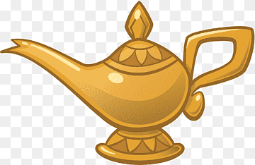 Golden cartoon-style magic lamp with ornate details and a curved spout, reminiscent of Aladdin’s genie lamp.