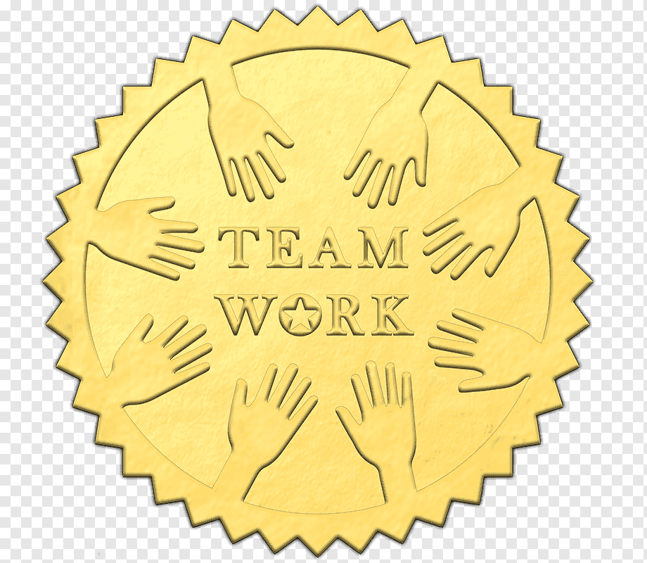 Golden seal with "TEAM WORK" text and eight hands in a circle, symbolizing collaboration and unity.