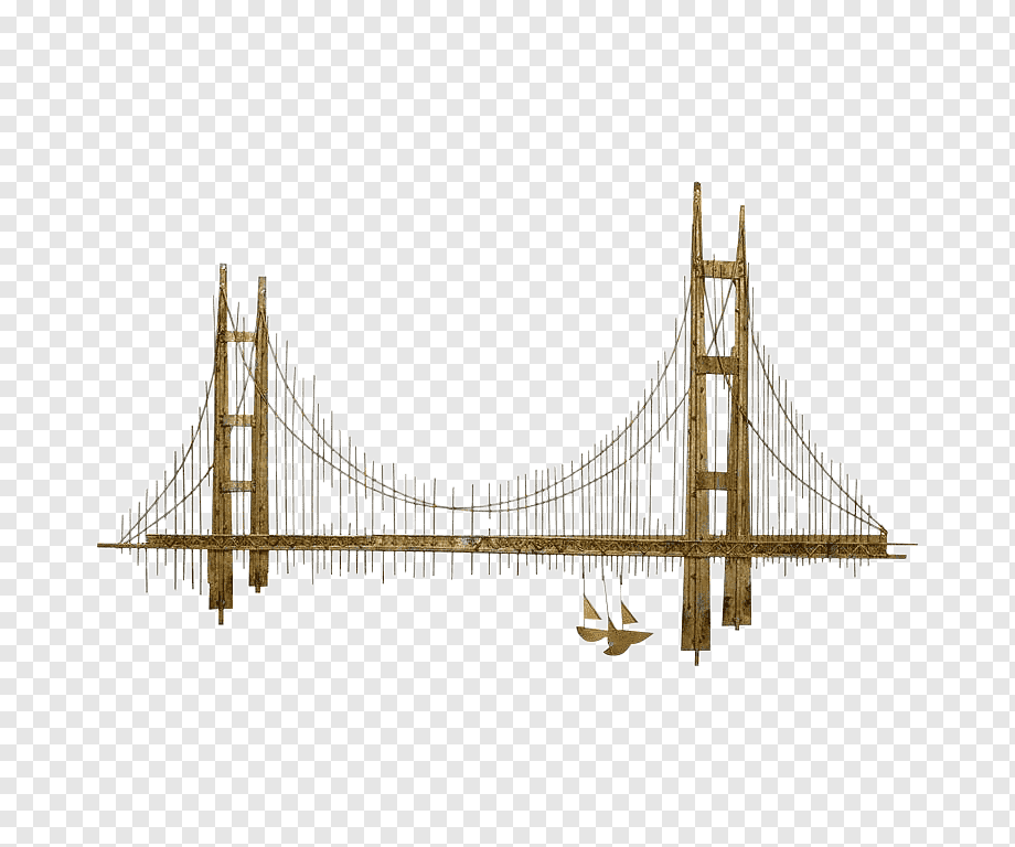 Golden Gate Bridge artistic woodcut-style illustration with sailboat below, on transparent background.