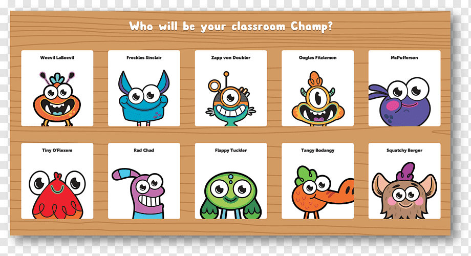 Ten colorful cartoon classroom champ characters displayed on a wooden board with names like Weevil LaBeevil and Flappy Tuckler.
