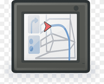 GPS navigation screen showing a turn instruction with a red arrow and blue route line on a map.