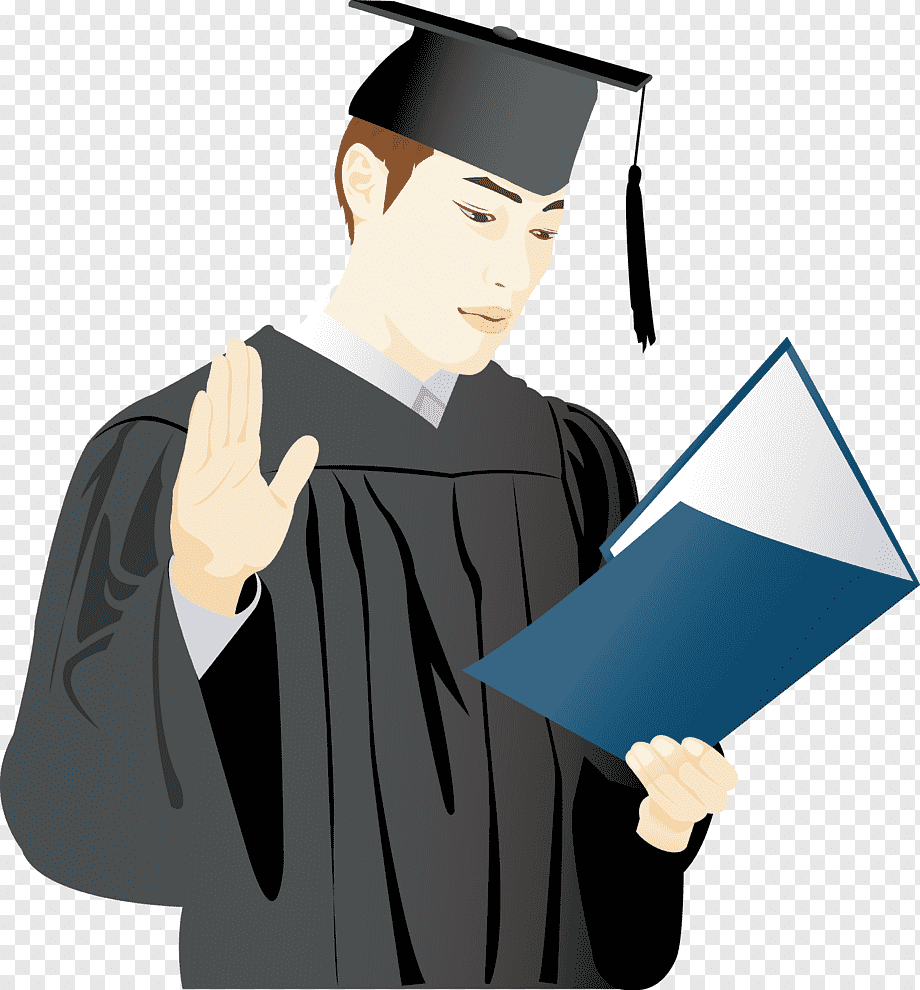 Graduating student in cap and gown holding diploma folder, raising hand in oath or celebration gesture.