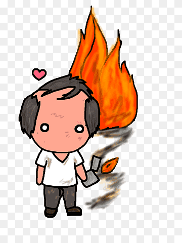 Chibi-style boy holding a burning match with flames rising from his head, heart icon above, cartoon illustration.