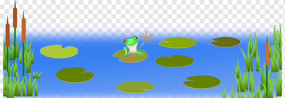 A cheerful green frog sits on a lily pad in a serene pond surrounded by cattails and floating leaves.
