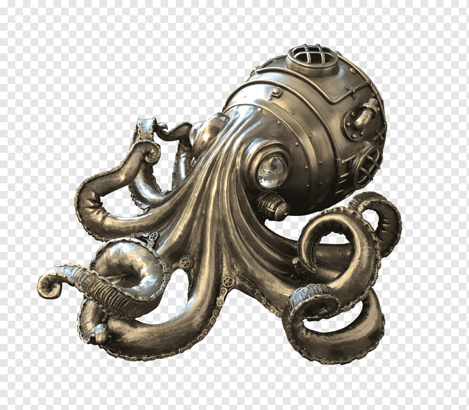 Steampunk octopus sculpture with brass diving helmet and mechanical tentacles, intricate vintage industrial design.