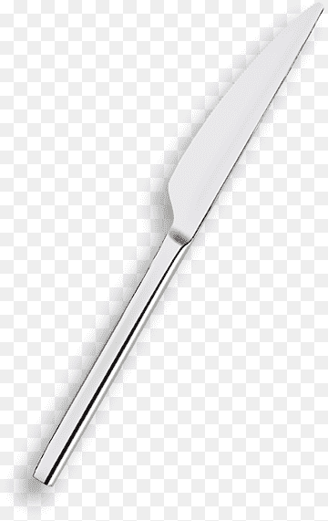 Polished stainless steel dinner knife with sleek handle and sharp blade on transparent background.