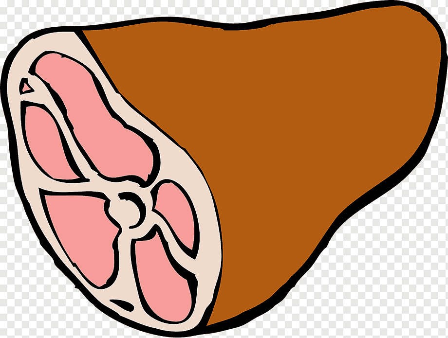Cartoon illustration of a sliced ham leg showing pink meat and fat layers.