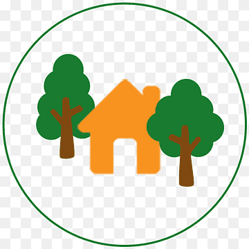 Orange house flanked by two green trees inside a green circular border.