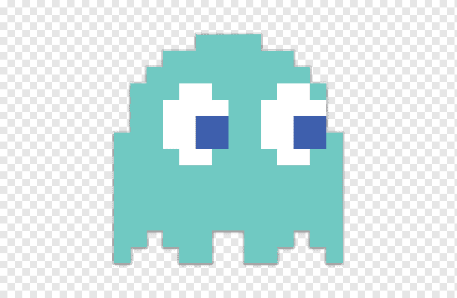 Pixelated teal ghost character with white eyes and blue pupils, reminiscent of classic arcade game enemies.