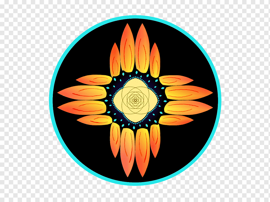 Symmetrical mandala-style floral design with orange petals, golden spiral center, and turquoise border on black background.