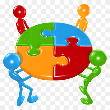 Four colorful stick figures collaboratively assembling a four-piece puzzle into a circle, symbolizing teamwork and unity.