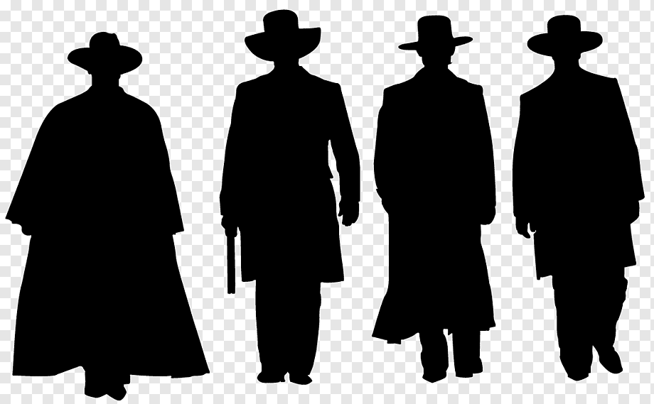 Four silhouetted figures in vintage hats and long coats, evoking mystery or Western noir themes.