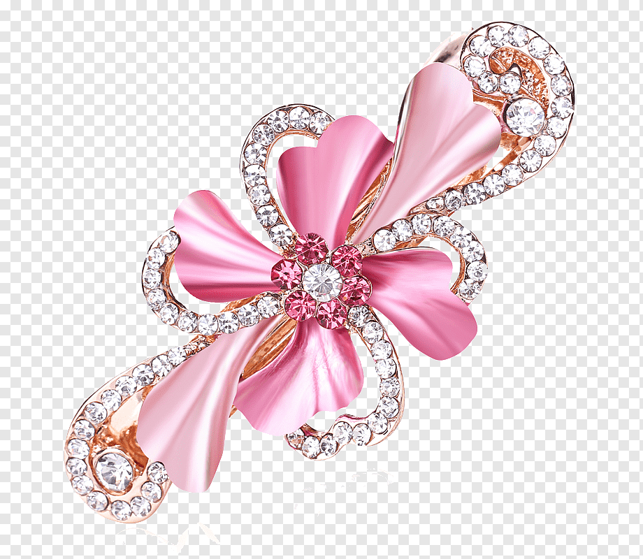 Elegant pink floral brooch with rose-gold metal, clear and pink crystals, and satin-finish petals.