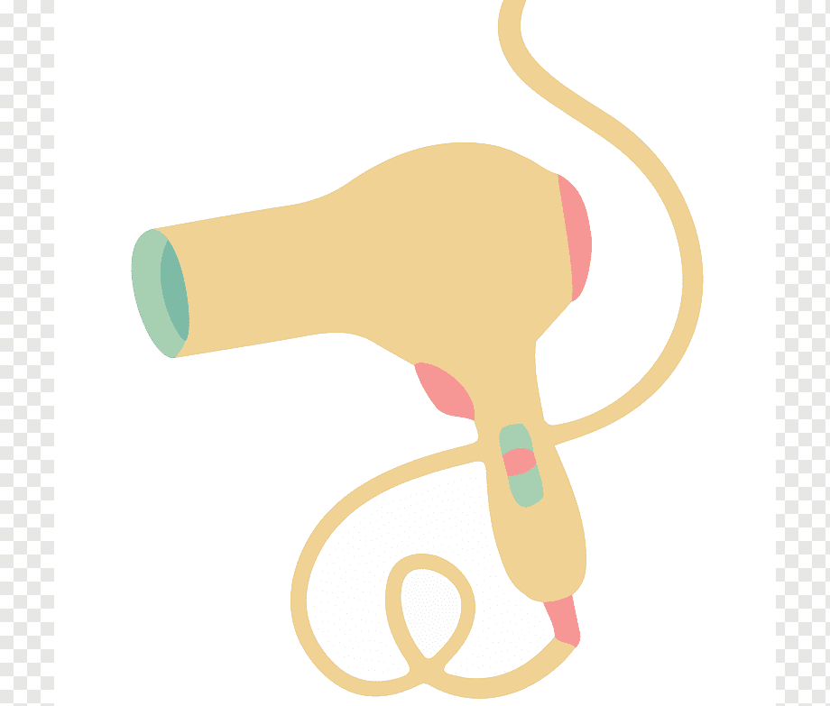 Stylized illustration of a beige hair dryer with pink and mint accents and coiled cord.