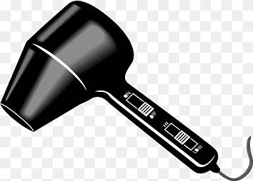 Black handheld hair dryer with control buttons and cord, illustrated on transparent background.
