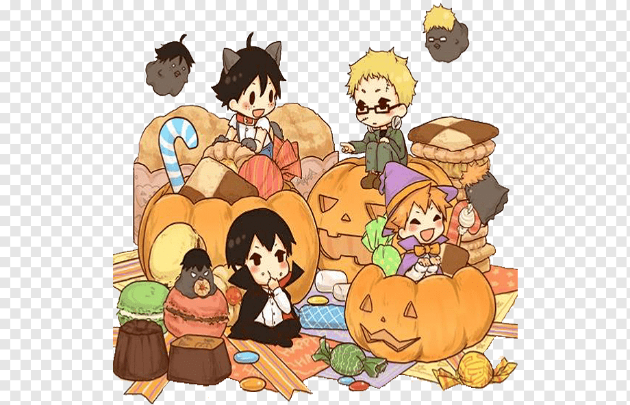 Chibi anime characters in Halloween costumes surrounded by pumpkins, candy, and sweets in a festive autumn scene.