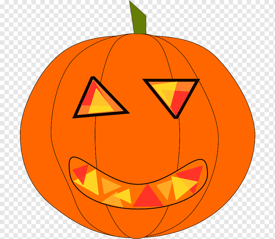 Smiling cartoon jack-o'-lantern with triangular eyes and toothy grin, orange pumpkin with green stem on transparent background.