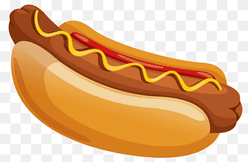Classic hot dog in a toasted bun topped with ketchup and mustard squiggles.