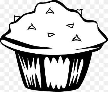 Black-and-white line drawing of a muffin with paper liner and triangular toppings.