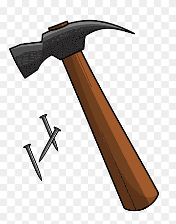 A cartoon-style claw hammer with wooden handle and three steel nails on transparent background.