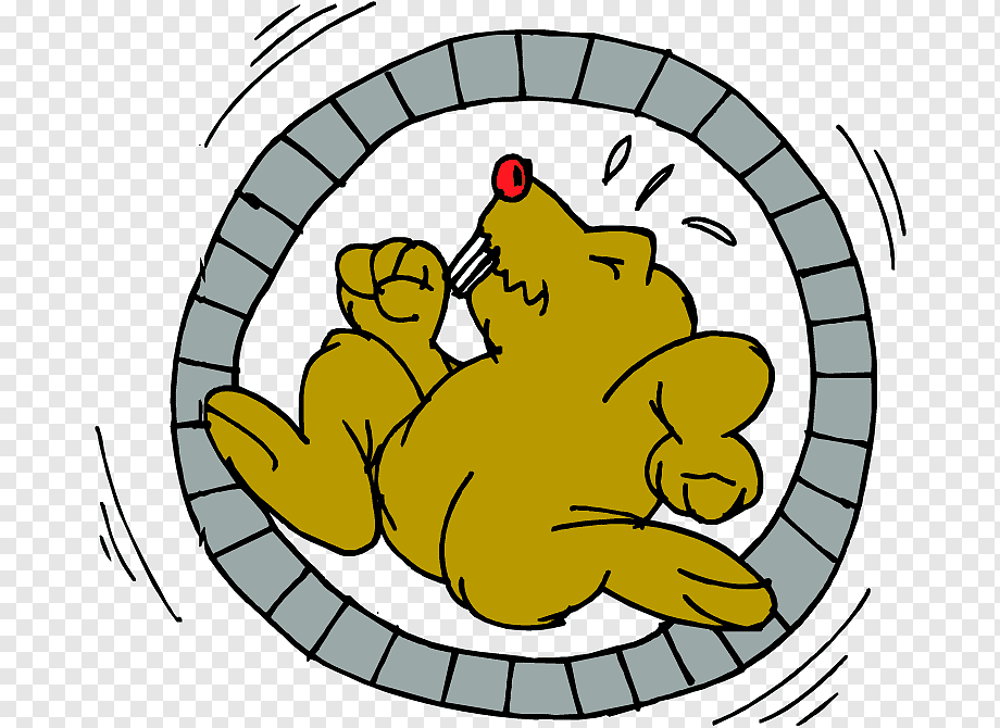 A cartoon yellow bear running frantically inside a spinning hamster wheel, looking stressed with a red nose and clenched fists.