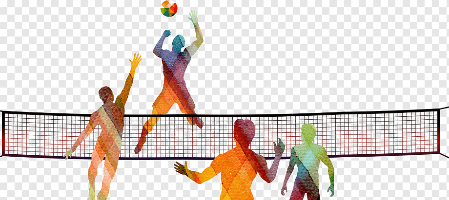 Colorful watercolor-style volleyball players in action mid-spike and block over the net.