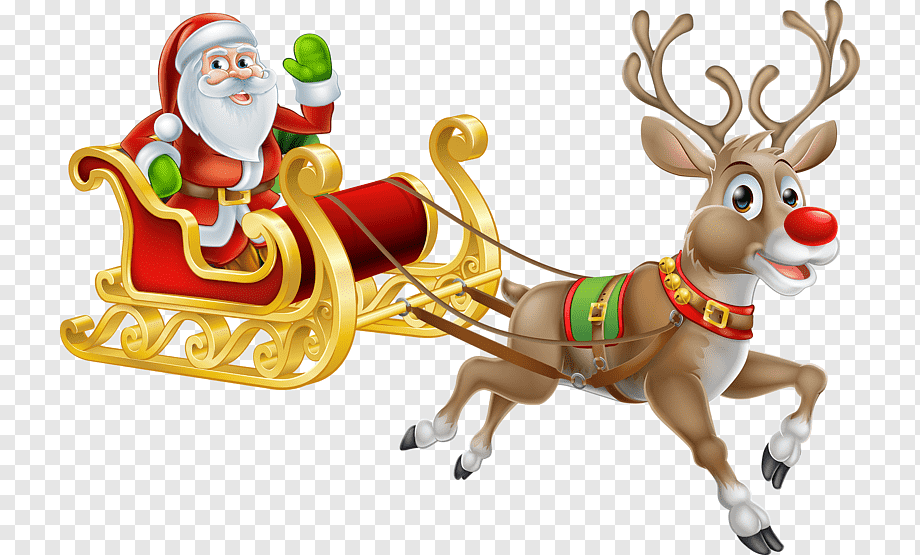 Santa Claus waving from a golden sleigh pulled by a smiling reindeer with a red nose.
