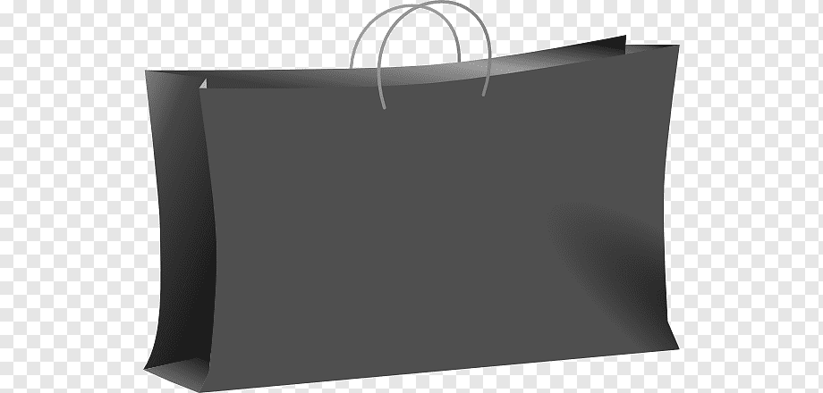 A sleek black paper shopping bag with silver wire handles, set against a transparent checkered background.