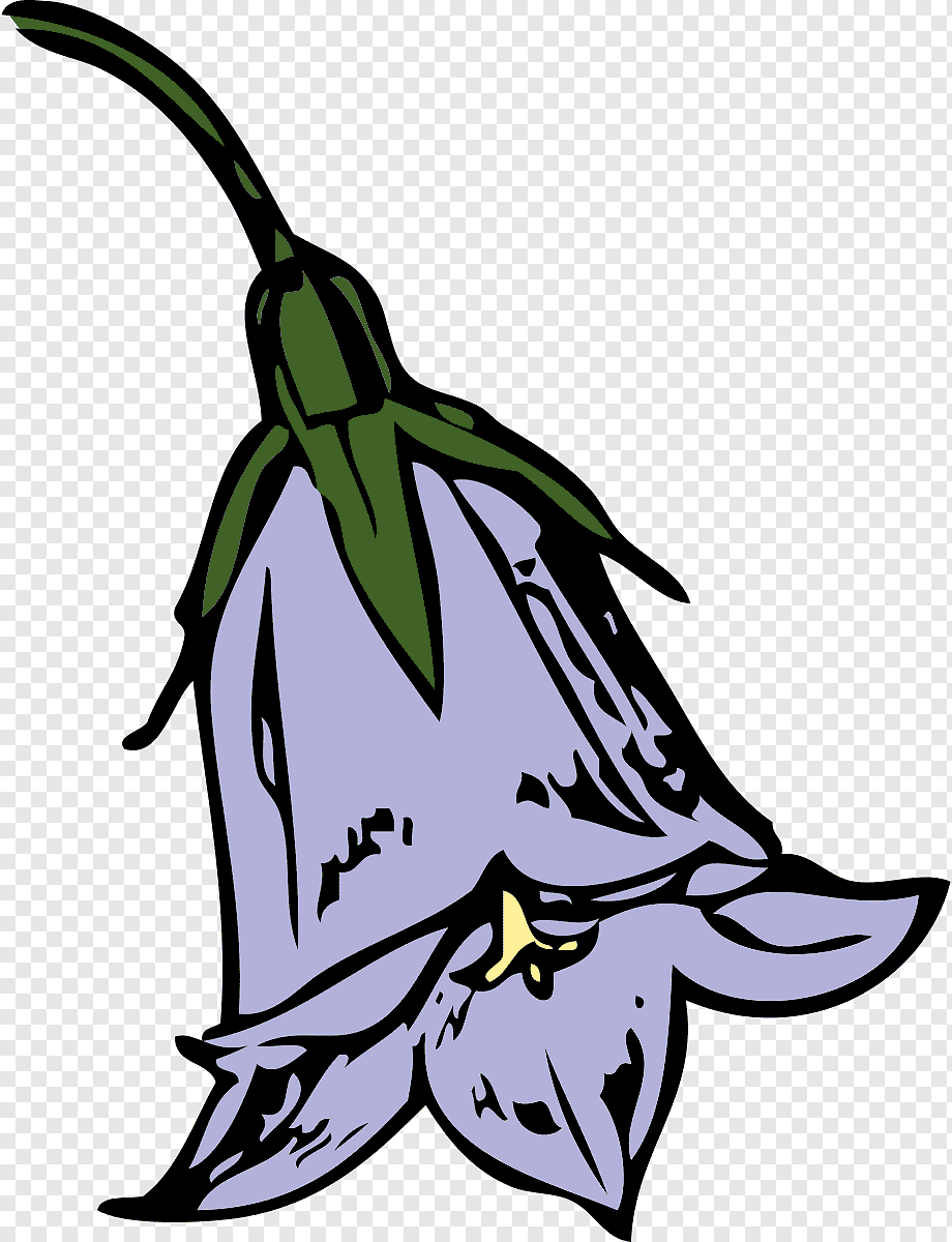 A stylized purple bellflower with green sepals and yellow stamen, illustrated in bold black outlines on transparent background.