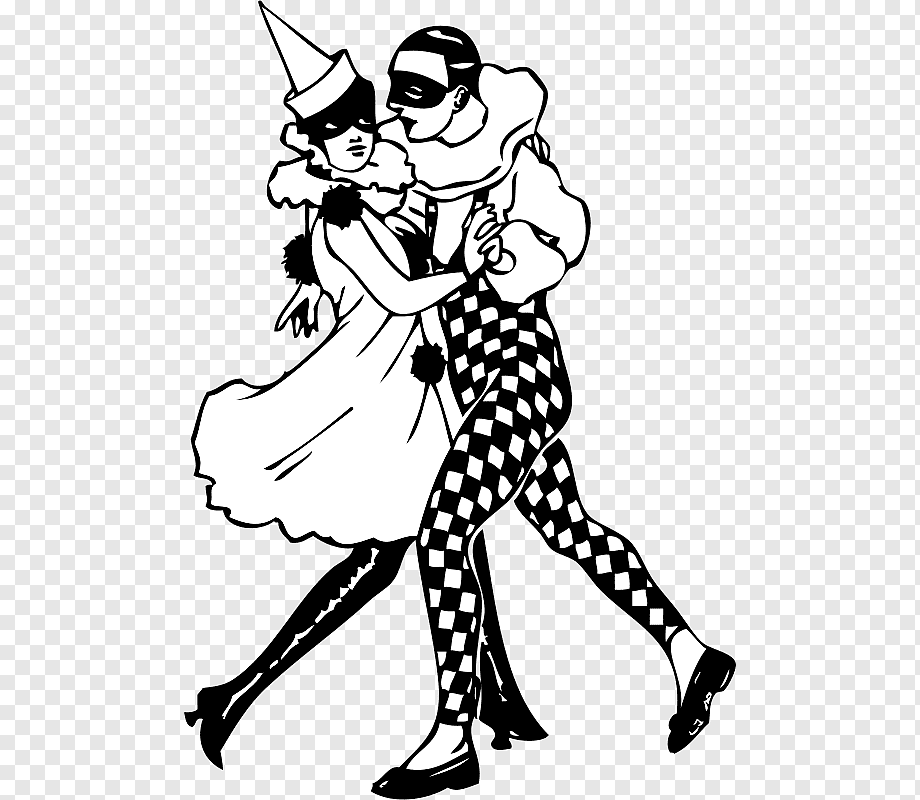 Black-and-white illustration of a masked couple dancing in harlequin and Pierrot costumes, evoking Venetian carnival elegance.