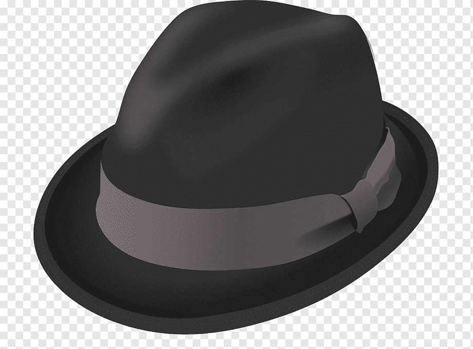 Classic black fedora hat with gray band and bow, angled view on transparent background.