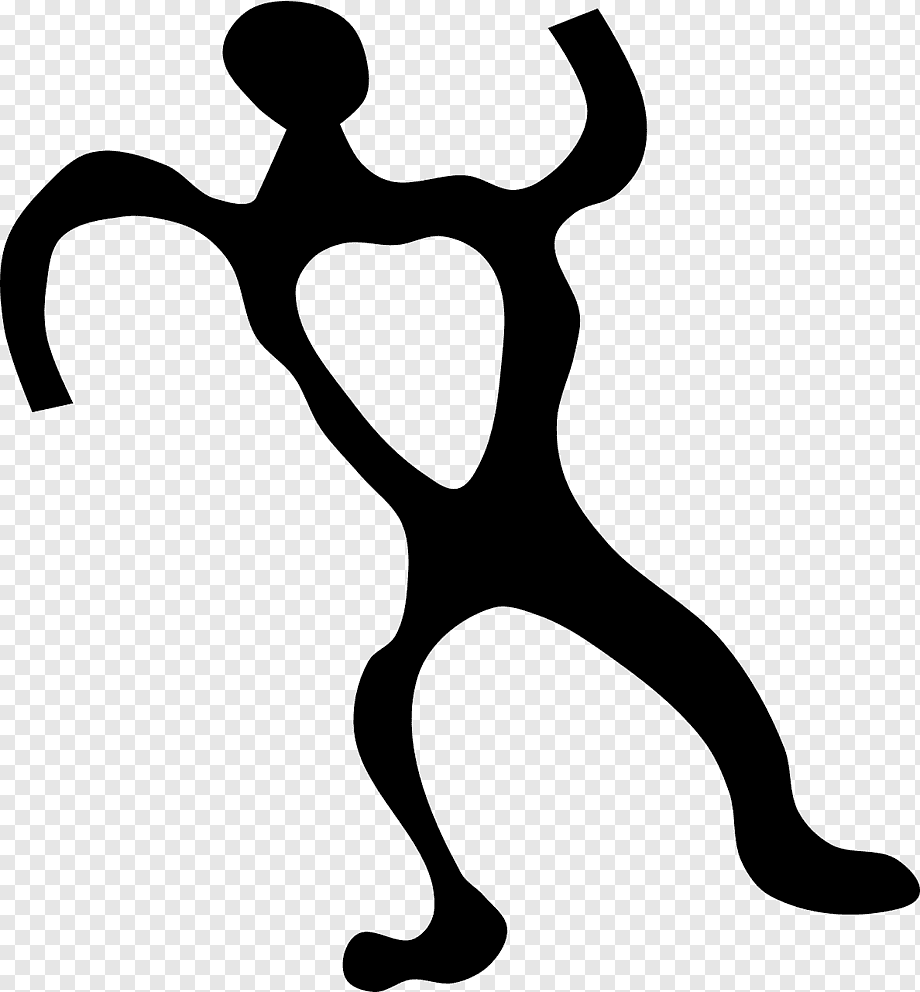 Abstract black silhouette of a dynamic human figure in motion, with flowing limbs and open torso shape.