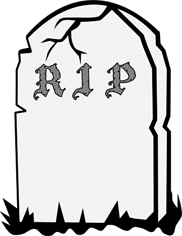 Cracked tombstone with "RIP" engraved in gothic font, grass at base, black-and-white illustration.