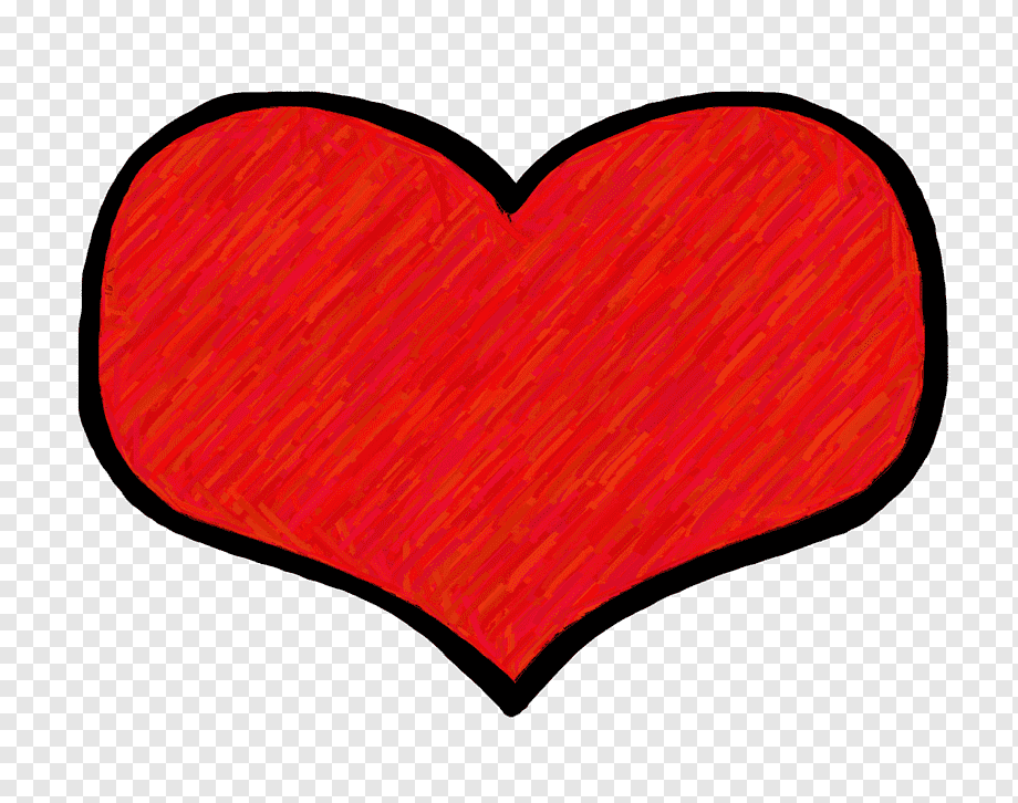 Hand-drawn red heart with black outline and textured crayon fill on transparent background.