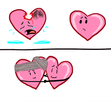 A broken heart crying next to a sad heart, then both hearts healed and hugging with bandages.
