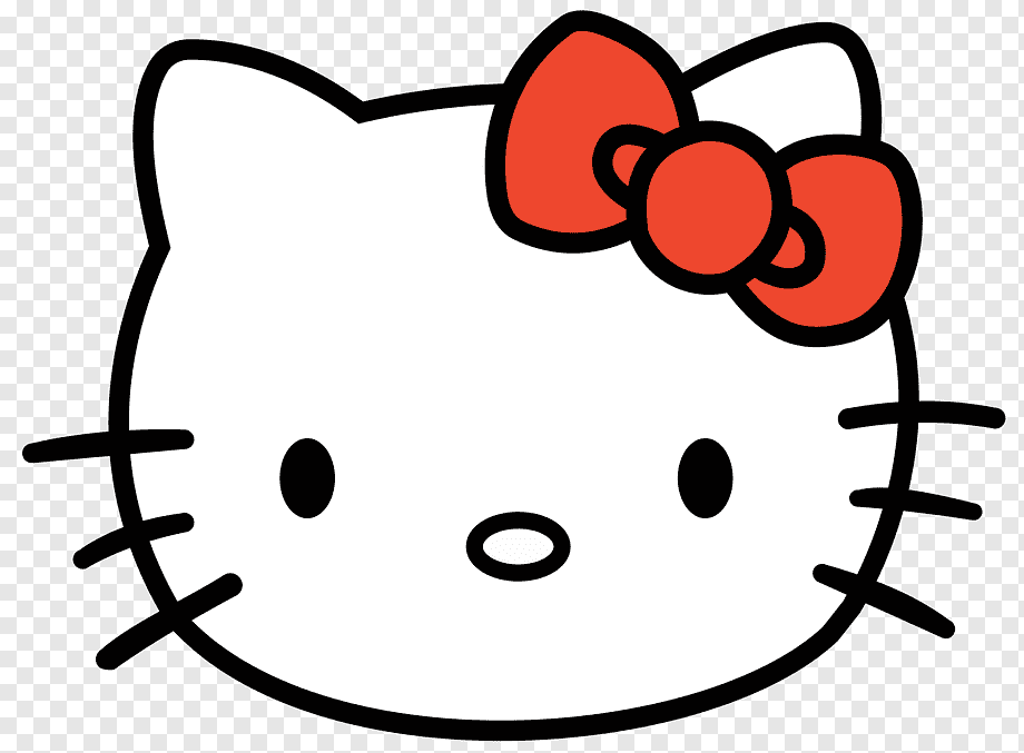 Hello Kitty face with red bow, white cat character, black outline, transparent background.