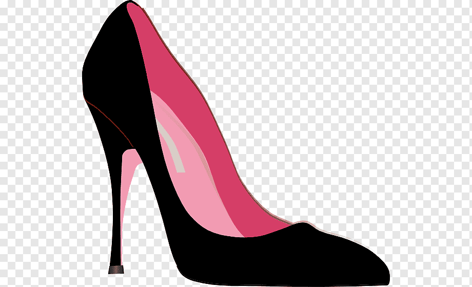 Black high-heeled shoe with pink inner lining and stiletto heel on transparent background.