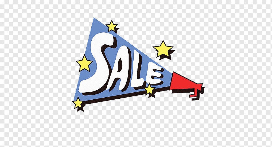 Blue megaphone with "SALE" in bold white letters, surrounded by yellow stars, on transparent background.