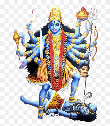 Kali Ma, the Hindu goddess with multiple arms, standing on Shiva, holding weapons and a severed head, adorned with skulls and a garland.