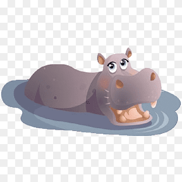Cartoon hippopotamus relaxing in water with open mouth and friendly eyes.