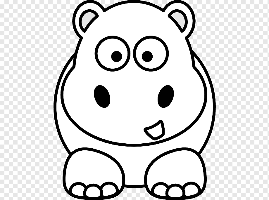 Cute cartoon baby hippo sitting with big eyes and a friendly smile, black-and-white line drawing.