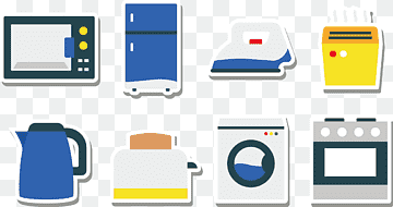 Eight flat-style icons of common household appliances: microwave, fridge, iron, toaster oven, kettle, toaster, washing machine, and oven.
