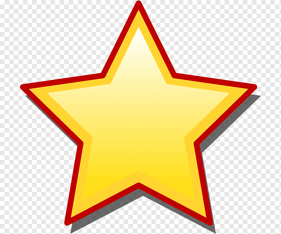 Golden five-pointed star with red outline and gray shadow on transparent background.