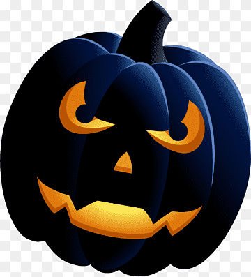 Dark blue carved Halloween pumpkin with glowing orange eyes and jagged grin, set against transparent background.