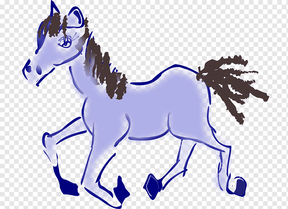 Stylized blue horse with brown mane and tail, running in a dynamic pose on transparent background.