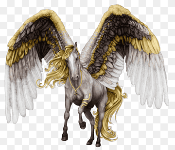 A majestic winged horse with golden-tipped feathers, flowing mane, and elegant gray coat, depicted mid-gallop against transparent background.